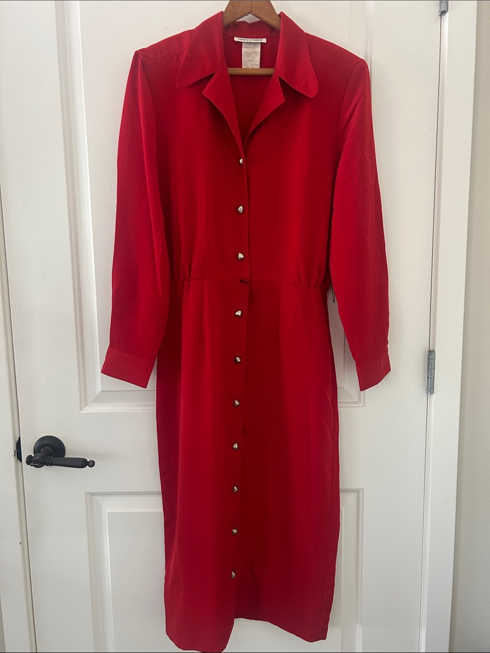Vintage NANCY CRYSTAL Button-Front Red Midi Shirt Dress